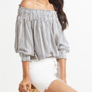 Evereve Sydney Stripe Off Shoulder Blue & White Flowy Boho Blouse Top Sz Small